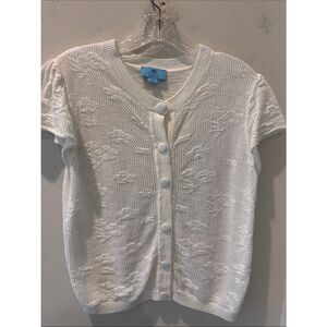Cece Short sleeve Cotton Ivory knit cardigan floral- textured size medium
